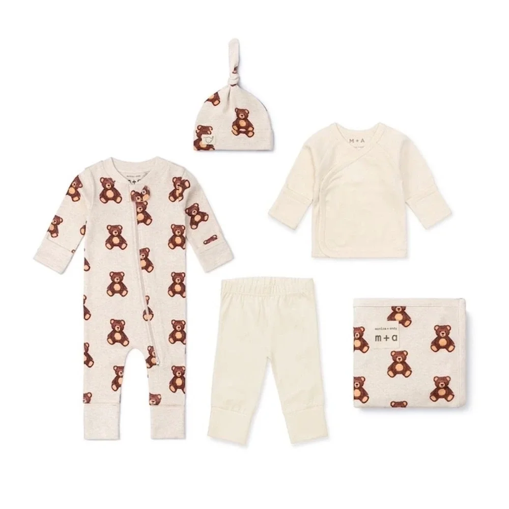 Monica + Andy Baby Cuddle 5pc Set Teddy Bear Organic Cotton Cream Newborn